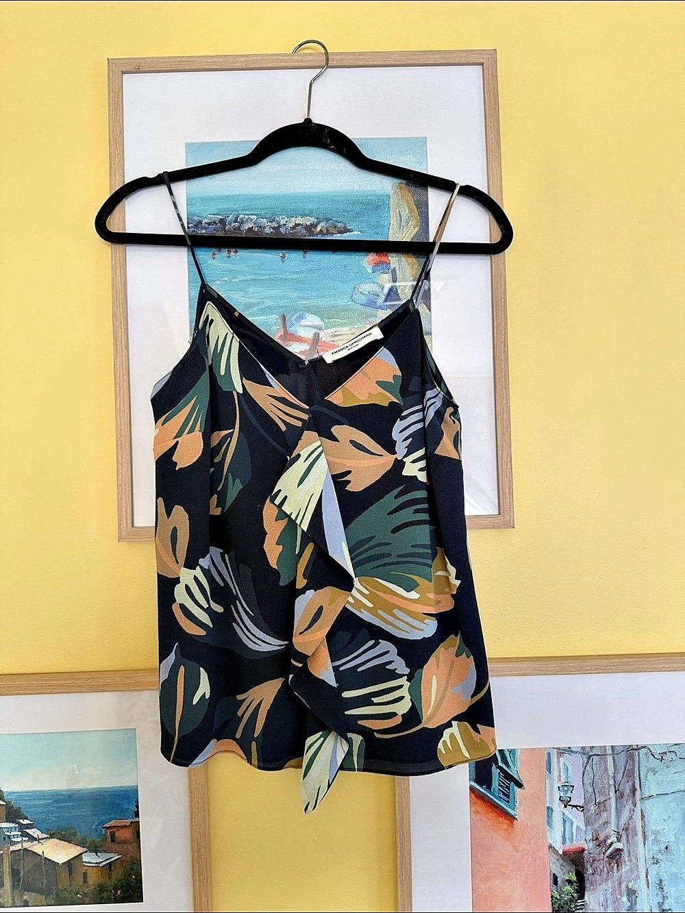 Amanda Uprichard Black Tropical Floral Ruffle Cami Top Size S